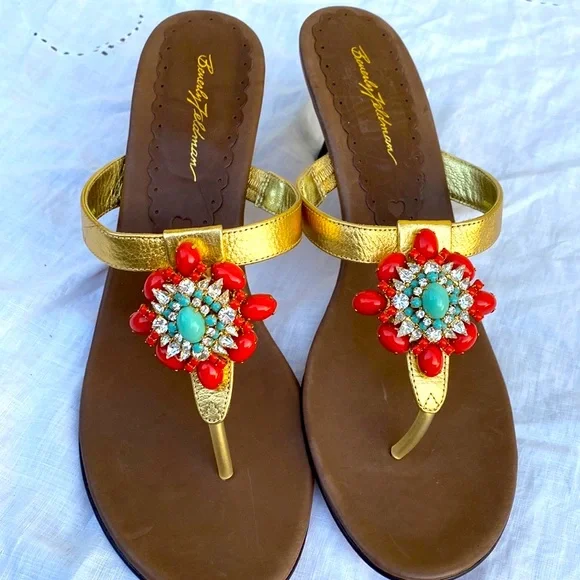 Beverly Feldman jeweled sandals heels gold turquoise size 11 - Picture 10 of 13